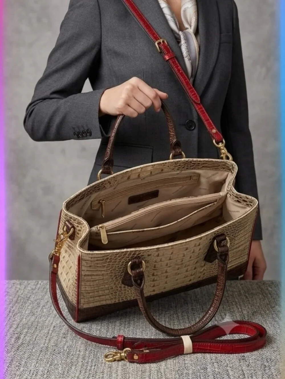 🤍 Brahmin Tri-Color Croc Embossed Leather Shoulder Satchel/Crossbody - Picture 11 of 13